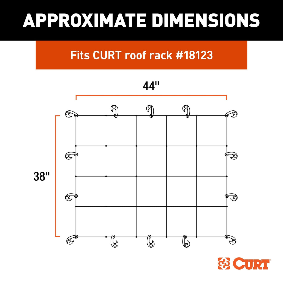 CURT 18218 Elastic Cargo Net with Hooks for Roof Basket, 44 x 36-in