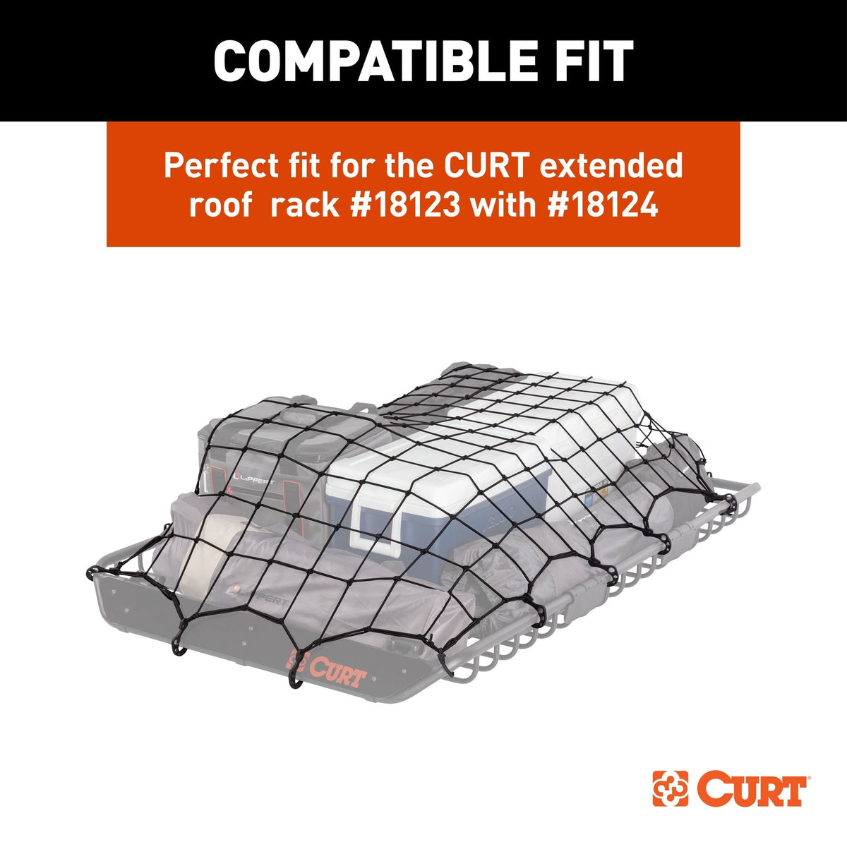 CURT 18219 Elastic Cargo Net with Hooks for Extended Roof Basket, 64 x 36-in