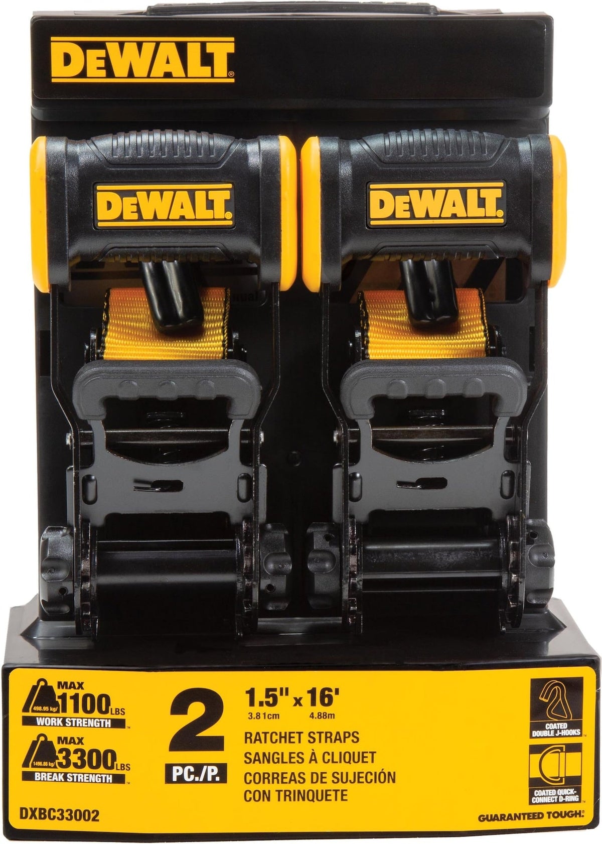 DEWALT 3,300-lb Ratchet Tie Down Strap, Weatherproof, 1.5-in x 16-ft (3.8 cm x 4.8 m), 2-pk