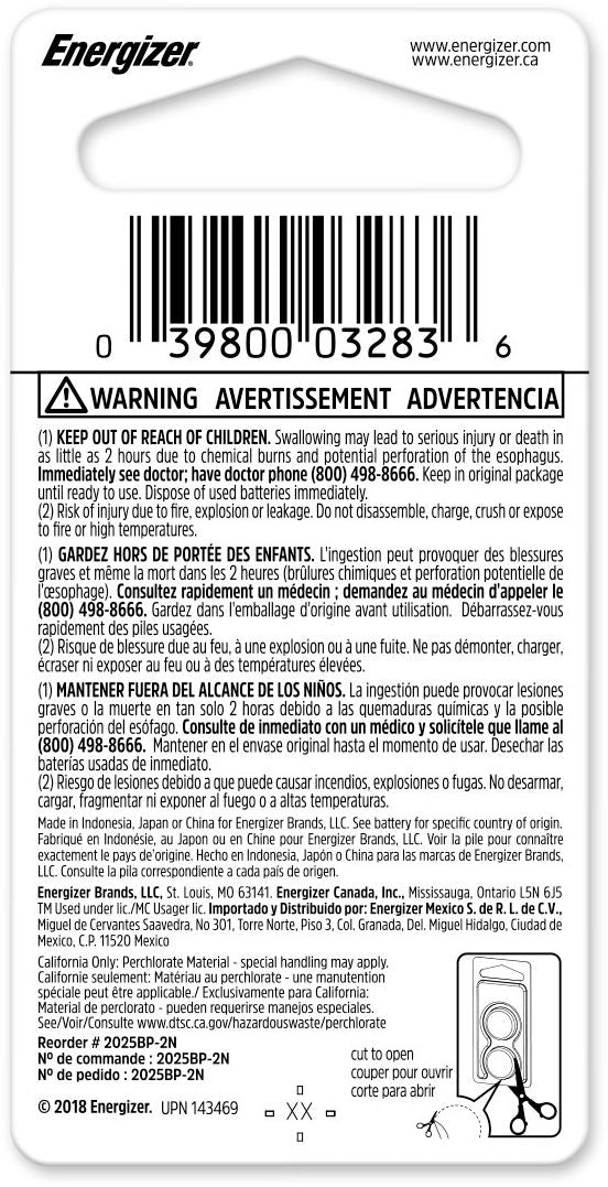 Energizer 2-pk CR2025 3V / 3 Volt Lithium Coin Cell Batteries, Long Lasting