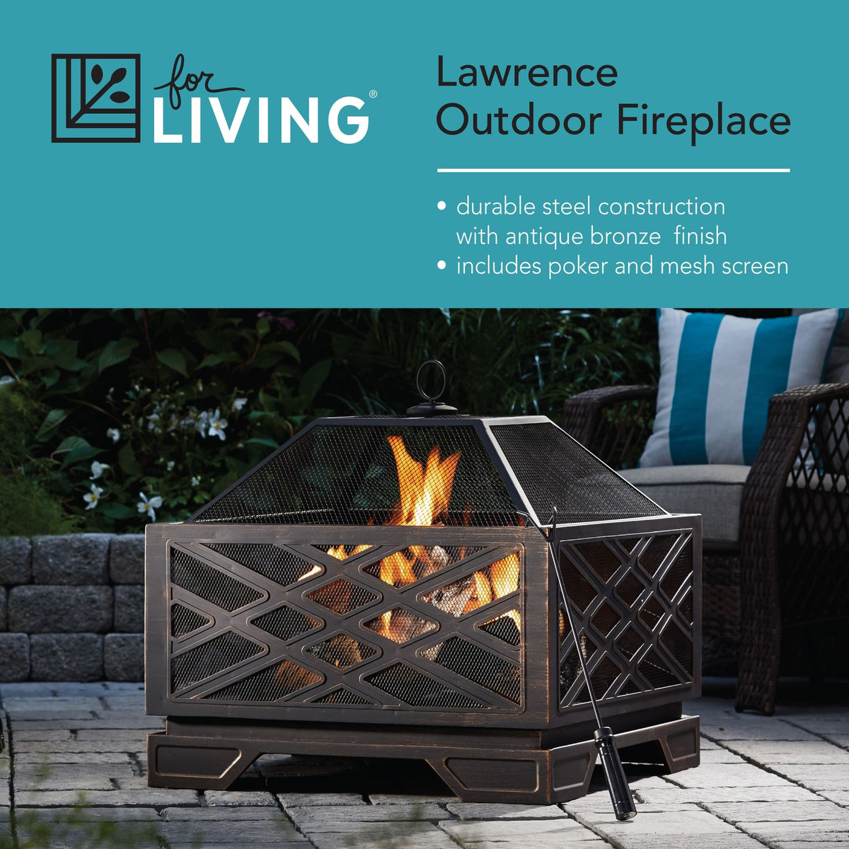 For Living Lawrence Steel Outdoor Wood Burning Fire Pit with Fireplace Poker, 25 x 25 x 26-in