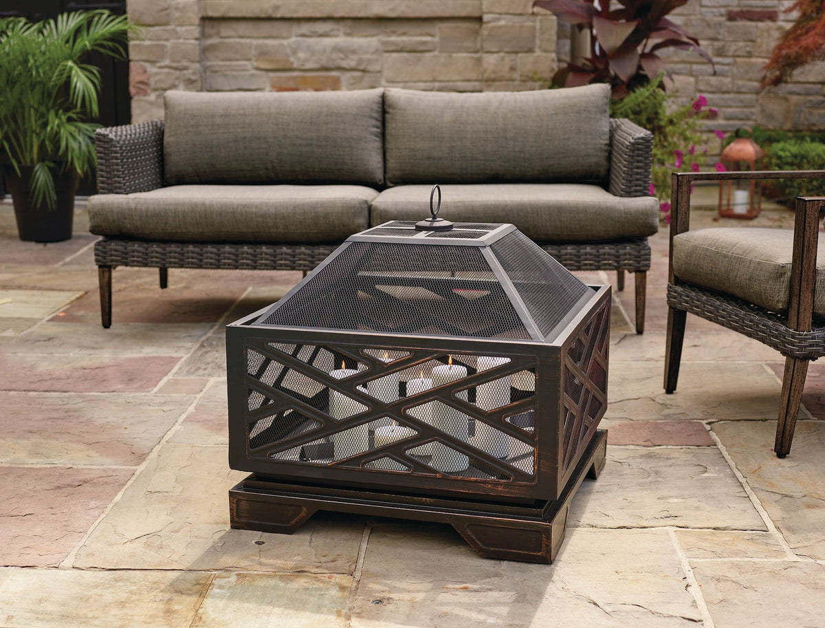 For Living Lawrence Steel Outdoor Wood Burning Fire Pit with Fireplace Poker, 25 x 25 x 26-in