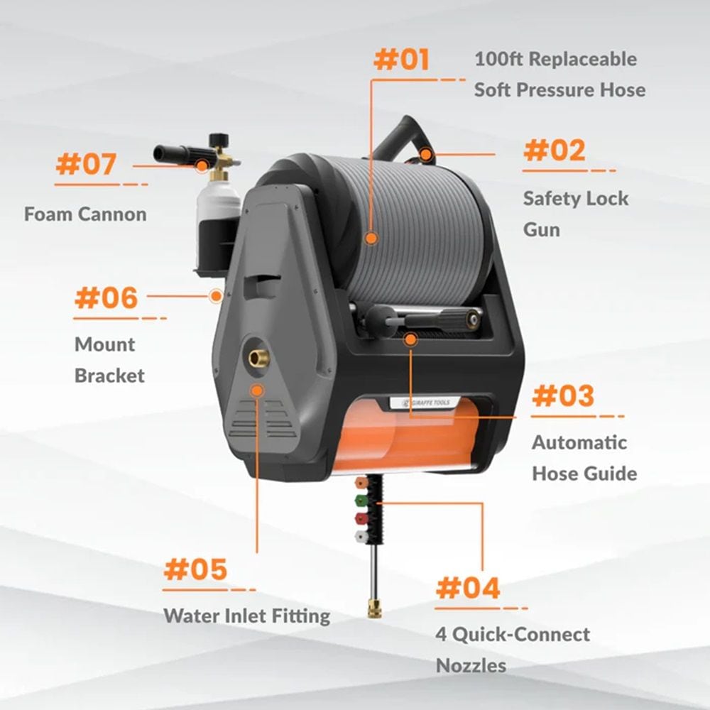 Giraffe Tools Grandfalls Pro Wall Mounted 2700 PSI 1.6 GPM Brushless Retractable Electric Pressure Washer with 100-ft Hard Hose
