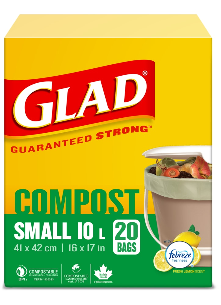 Glad Small 100% Compostable Febreze Lemon Scented Food Waste Bags, 20-pk, 10-L