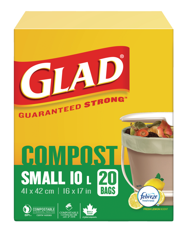Glad Small 100% Compostable Febreze Lemon Scented Food Waste Bags, 20-pk, 10-L