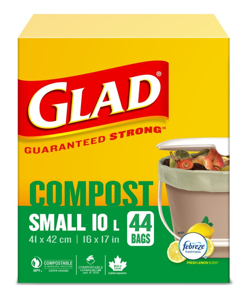 Glad Small 100% Compostable Febreze Lemon Scented Food Waste Bags, 44-pk, 10-L
