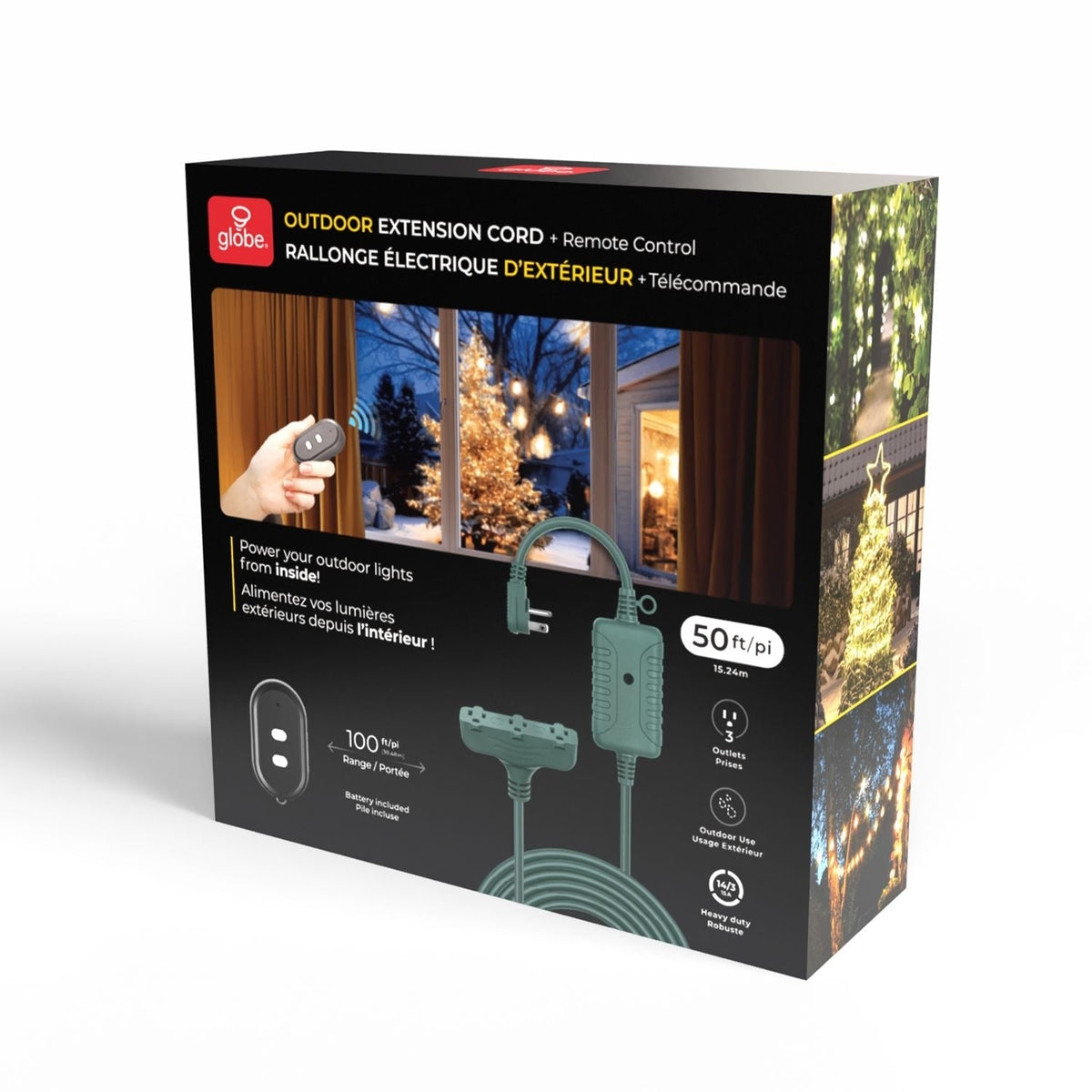 Globe Electric 50-ft 14/3 Outdoor Power Cord with Wireless Remote & 3 Grounded Outlets, Green