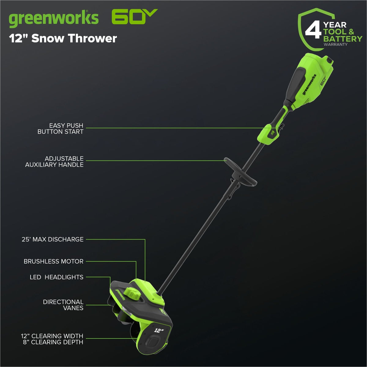 Greenworks 60V Snow Shovel, 12-in