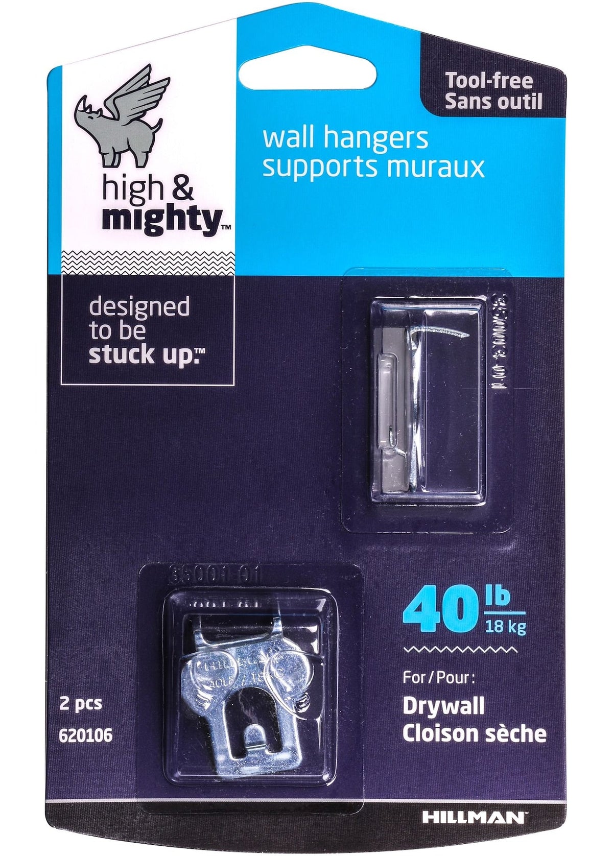 High & Mighty Canvas WAll Hanger, Easy to Remove, 40-lb Capacity, Silver, 2-pk