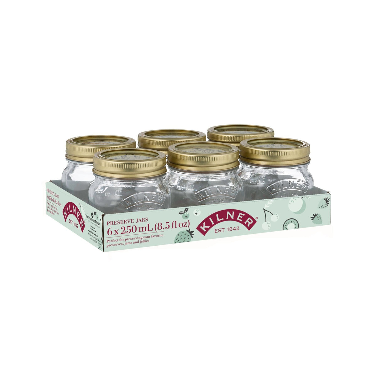 Kilner Regular Mouth Glass Mason Jars with Sealing Lids, 250 mL, 6 Count