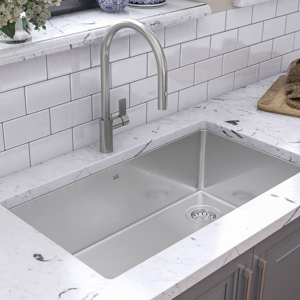 Kindred Brookmore Undermount Single Bowl Off Set Waste Kitchen Sink, 32.5-in x 18.1-in x 9-in, Stainless Steel