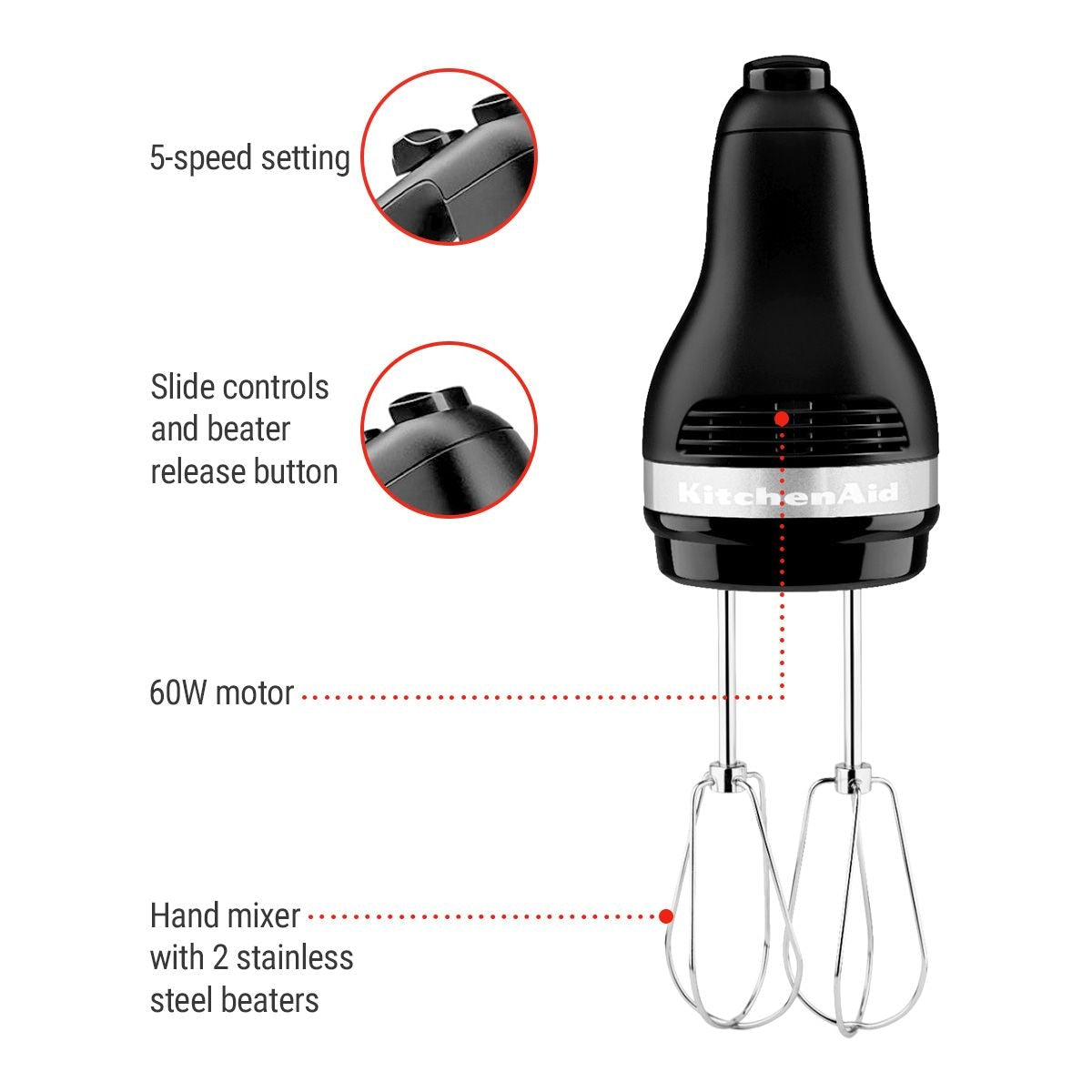 Kitchen Aid Compact 5-Speed Hand Mixer with Stainless Steel Accessories, Black