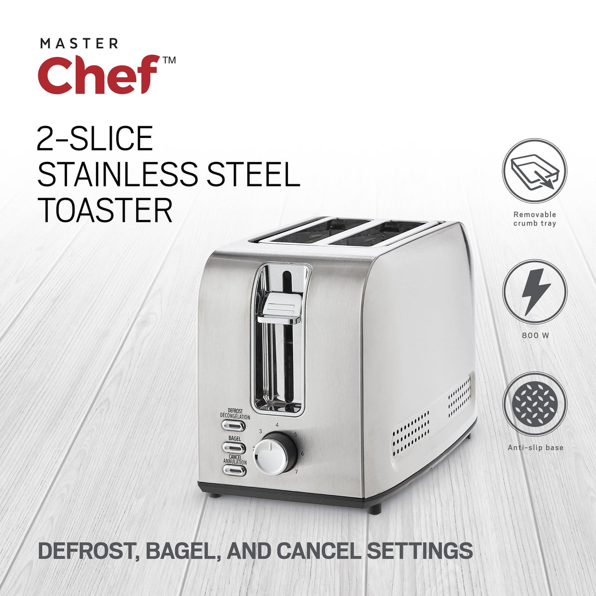 MASTER Chef Stainless Steel Toaster with 3 Settings, 2-Slice