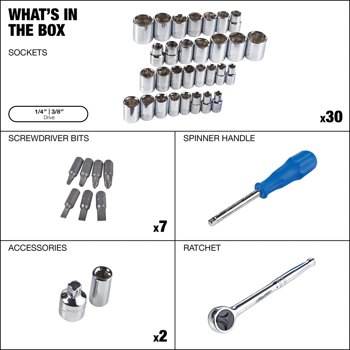 Mastercraft Socket Set, SAE / Metric, CRV, Nickel-Chrome Plating, 41-pc