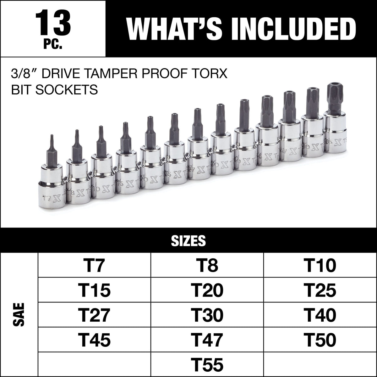 MAXIMUM 3/8-in Drive Tamper Proof Torx Bit Socket Set, Heat-Treated, 13-pc
