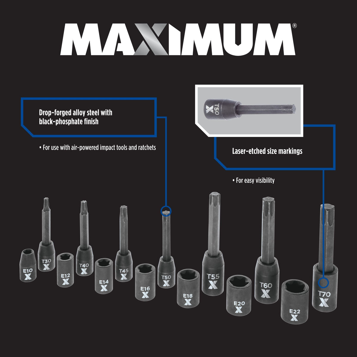 MAXIMUM Torx & E-Torx Impact Bit Socket Set, 14-pc, SAE/Metric