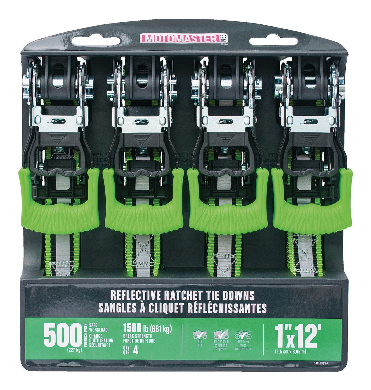 MotoMaster 1,500-lb Reflective Ratchet Tie Down Strap, with Padded D-Handle, 1-in x 12-ft, 4-pk, Green