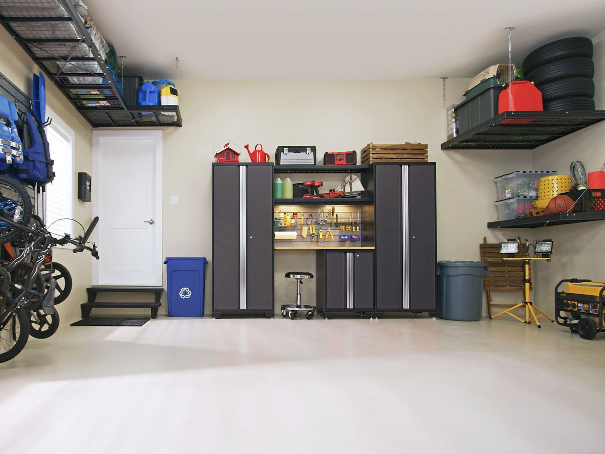 NewAge Bold Series Lockable 24-Gauge Steel Garage Cabinetry Set with Bamboo Top, Black/Grey, 48-in x 18-in x 76.75-in, 5-pc