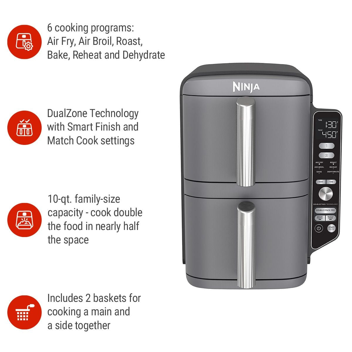 Ninja DoubleStack XL Multi-Rack Air Fryer with 2 Baskets & 6 Functions, 10-qt