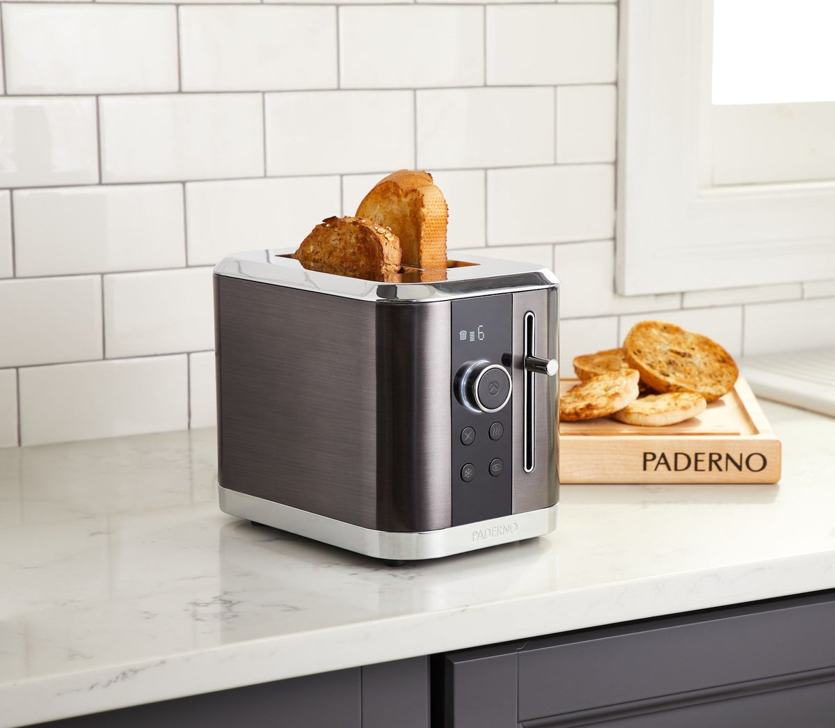 PADERNO Even Heat Wide Slots Toaster with 9 Settings, Black Stainless Steel, 2-Slices