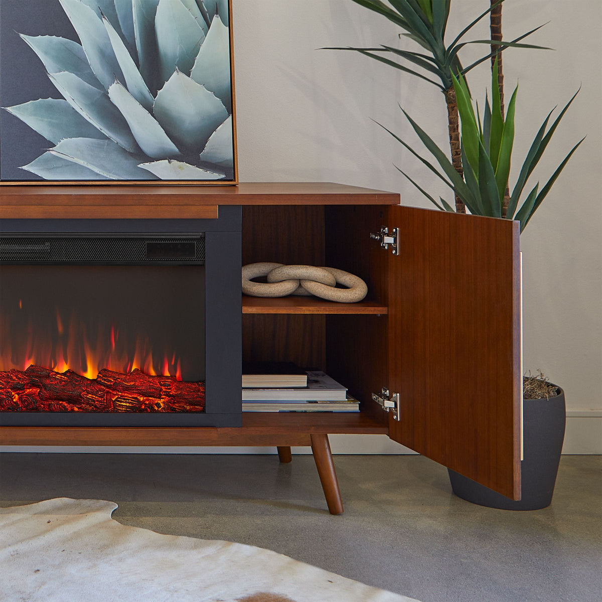Real Flame Morris Media Indoor Electric Fireplace TV Stand, 72-in, 1500W, Includes Remote Control & Firebox, Vintage Black Maple