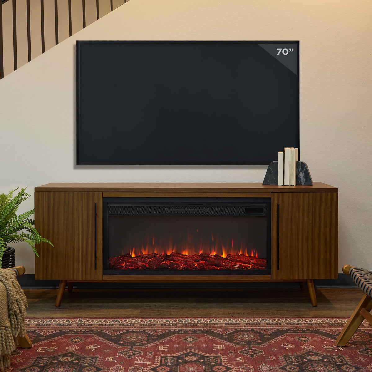 Real Flame Morris Media Indoor Electric Fireplace TV Stand, 72-in, 1500W, Includes Remote Control & Firebox, Vintage Black Maple