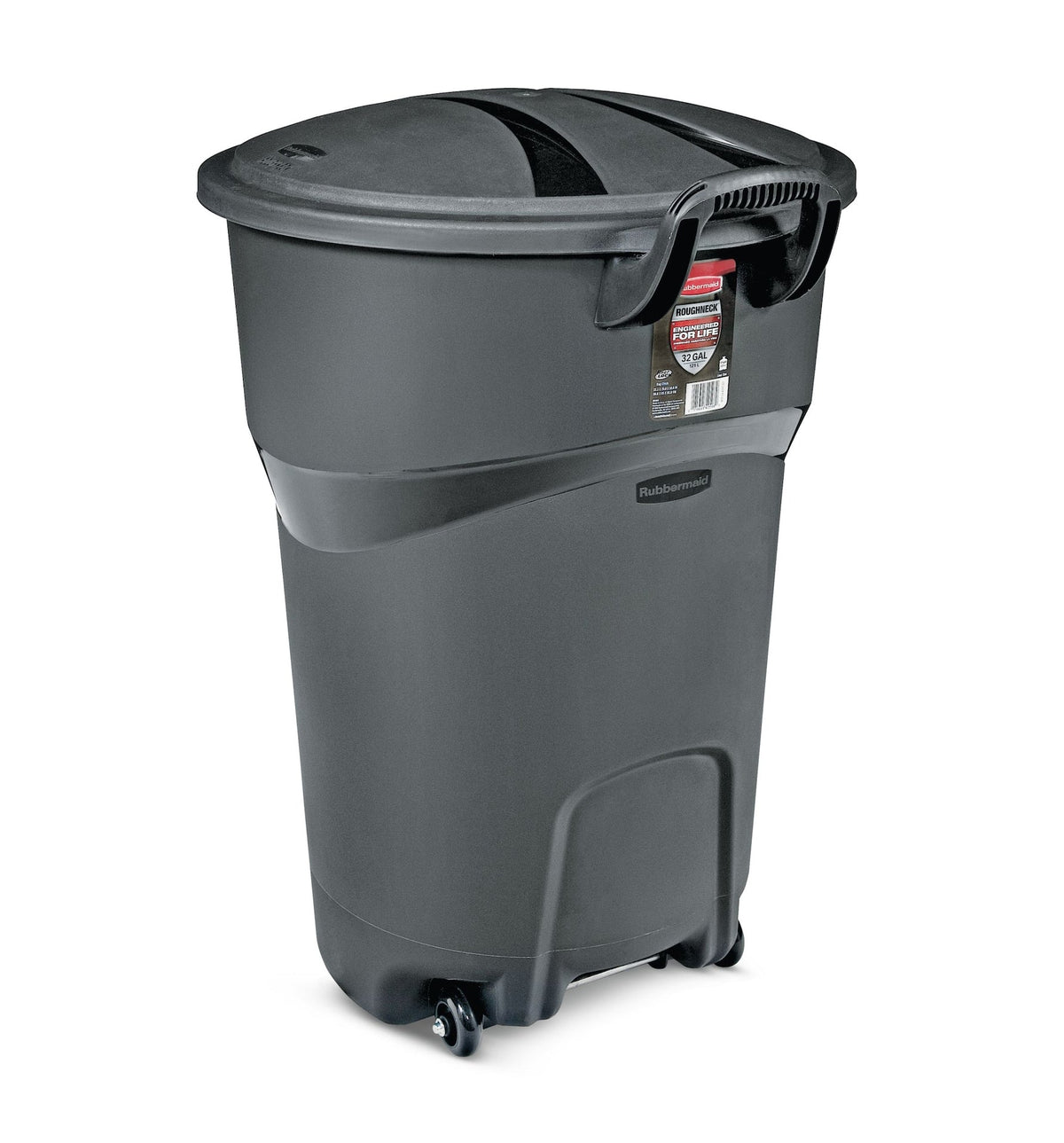 Rubbermaid Plastic Circular Wheeled Garbage Can with Handle, Black, 121-L