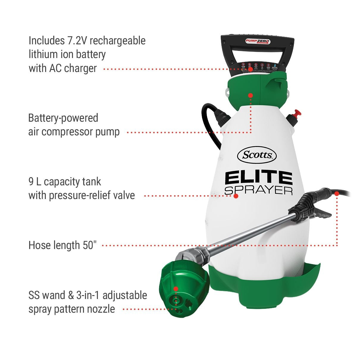 Scotts Elite 7V Lithium-Ion Battery Powered Garden Pump Sprayer, 9.09-L