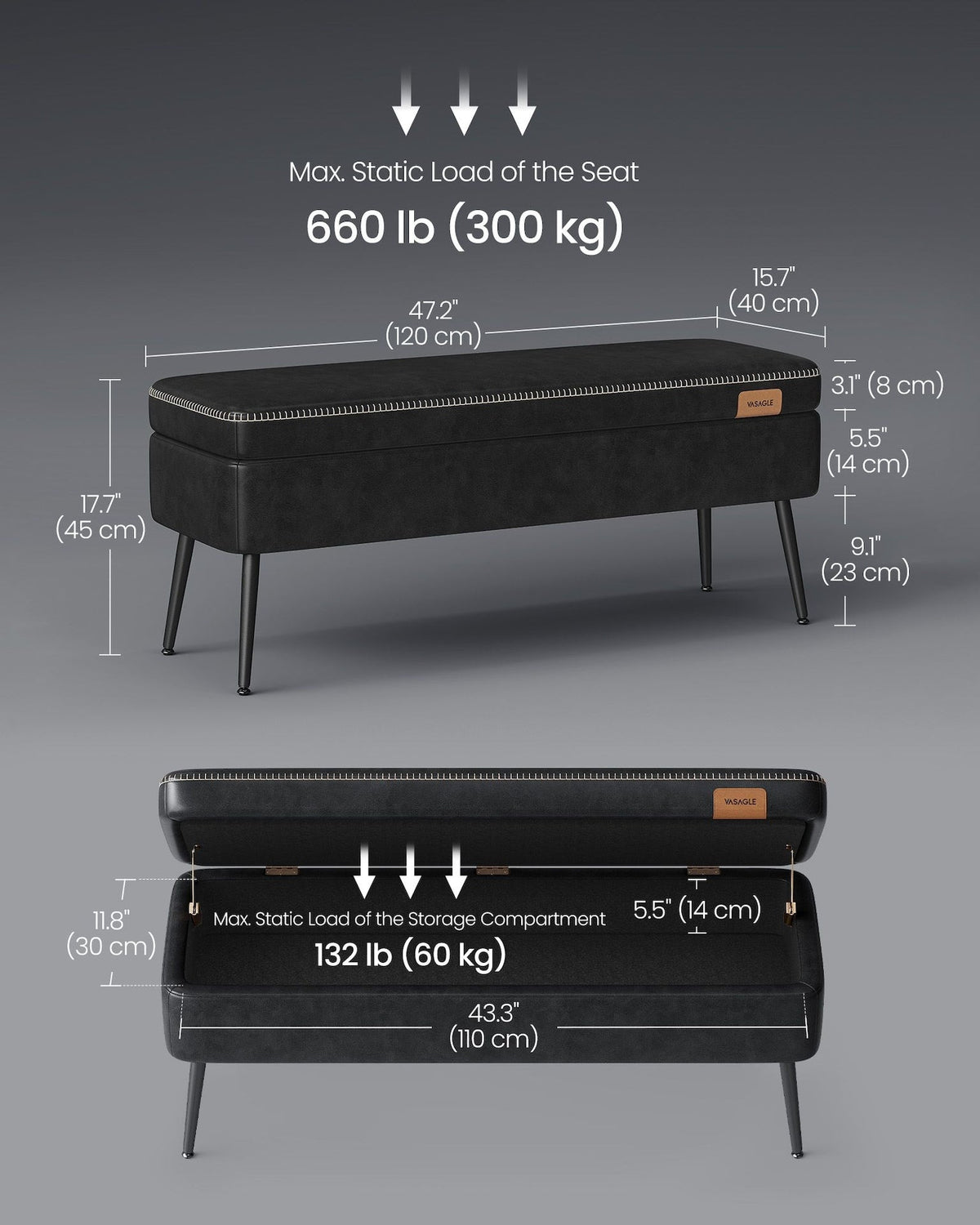 Songmics Home Mid-Century Ink Black Ottoman Storage Bench