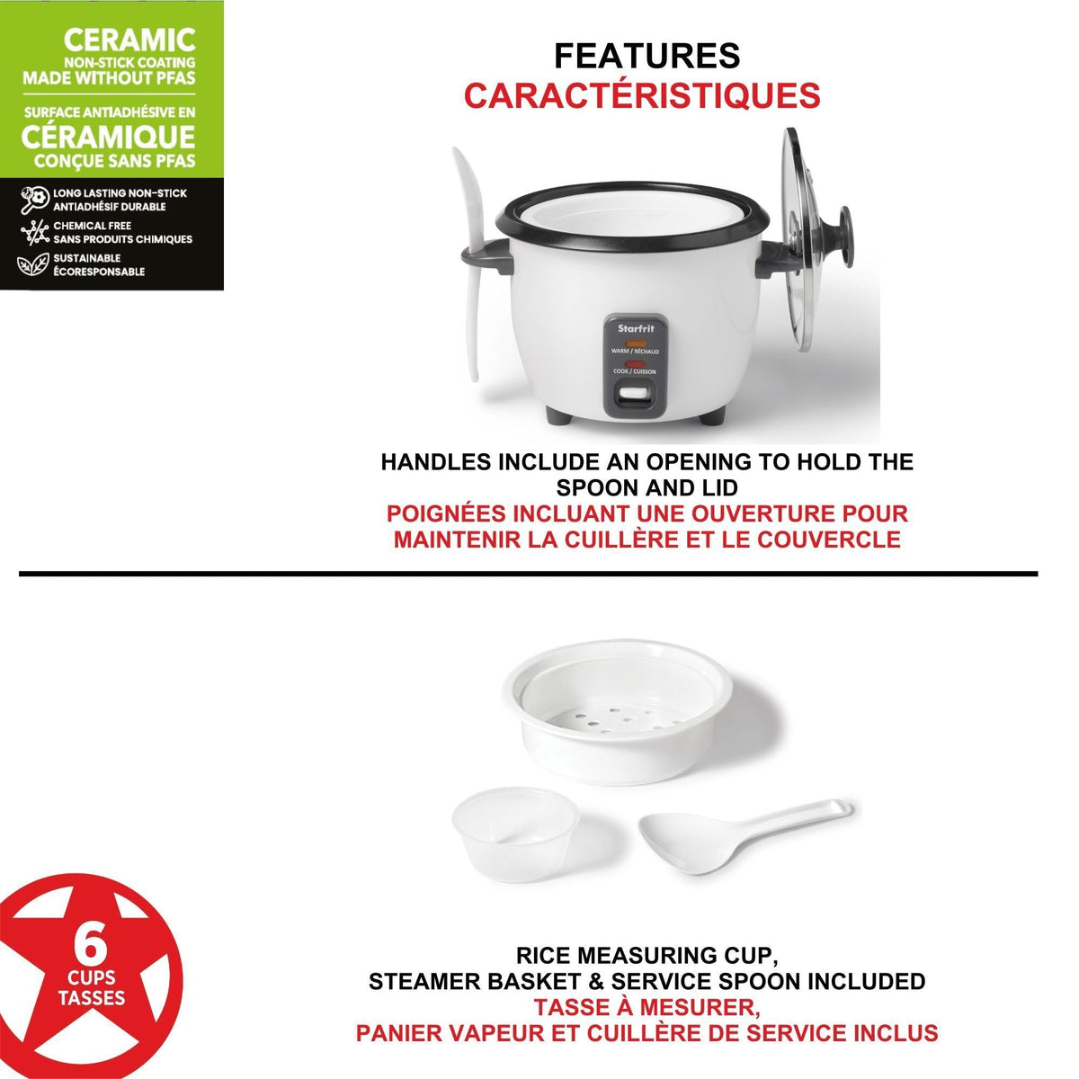 Starfrit 300W 6-Cup White Rice Cooker with Steam Basket