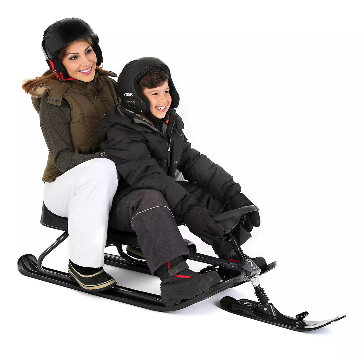 Stiga GT King Size Kids' 2-Person Winter Snow Racer Sled with Steering Wheel & Brakes, Grey