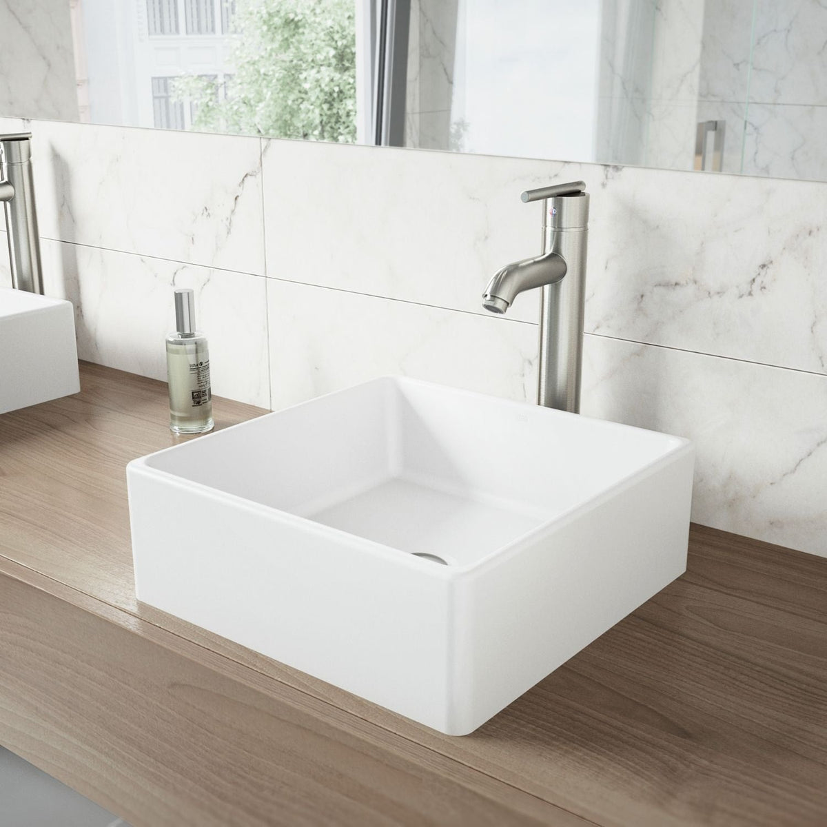 VIGO Dianthus Matte Stone Square Vessel Bathroom Sink, Above-Counter Installation, White