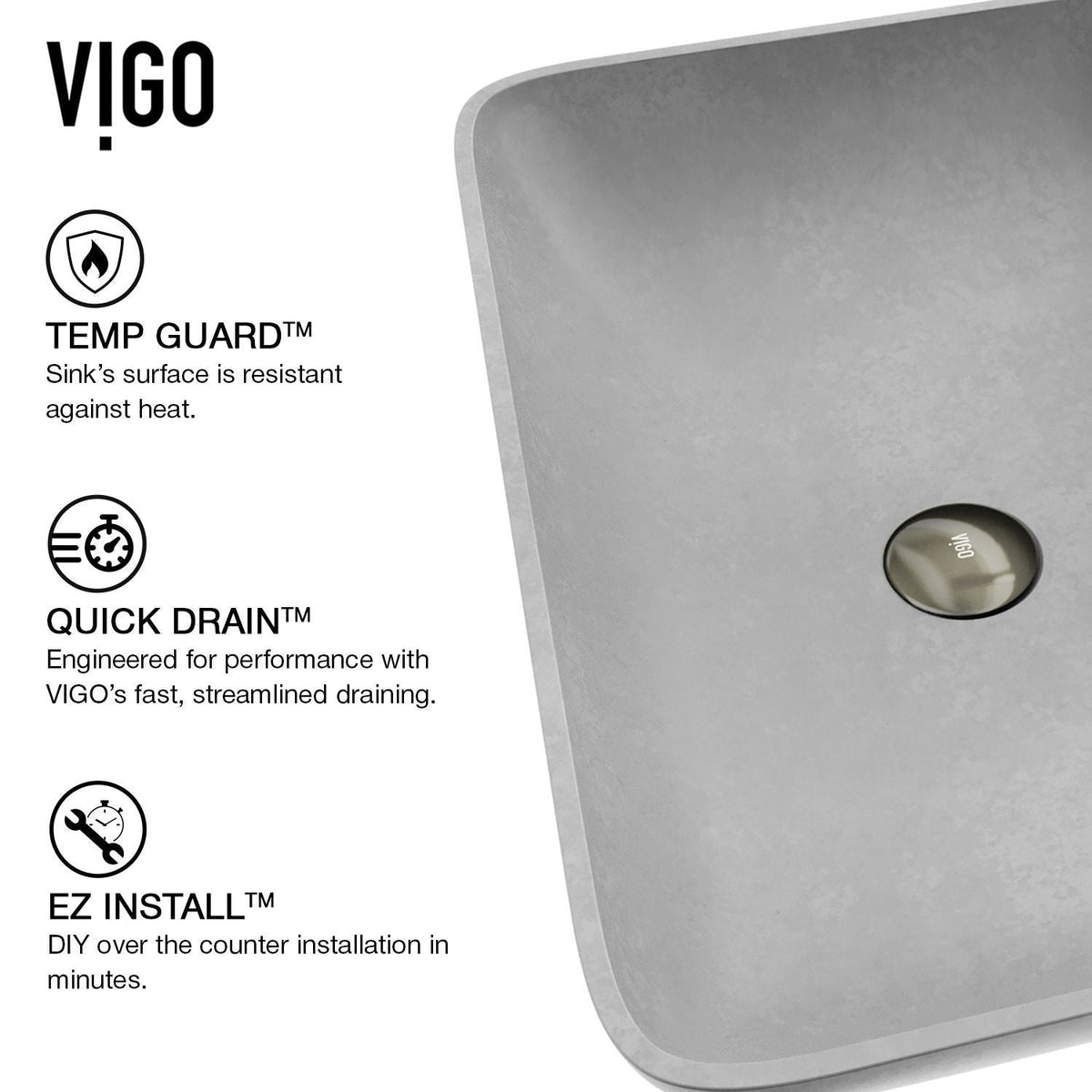 VIGO Lorca ConcretoStone Grey Bathroom Sink/Basin Set with Gotham Faucet and Rectangular Vessel