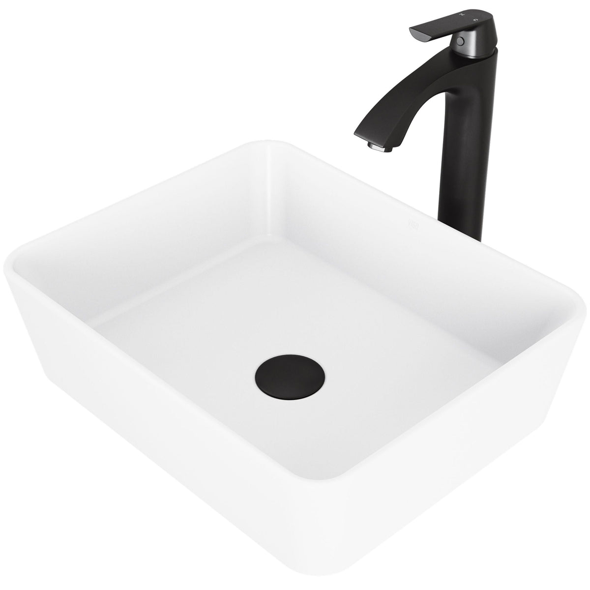 VIGO Marigold MatteStone White Bathroom Sink/Basin Set with Matte Black Linus Faucet and Rectangular Composite Vessel