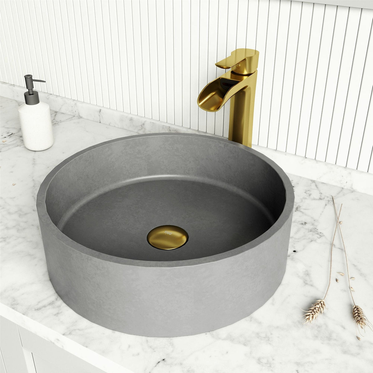 VIGO Palermo Gothic ConcretoStone 15x15-in Deep Grey Bathroom Sink/Basin with Round Vessel