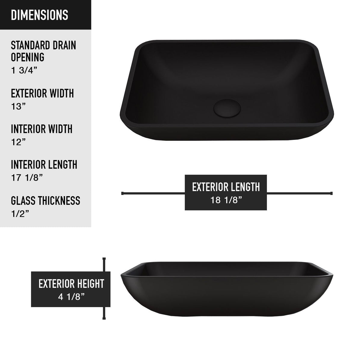 VIGO Sottile MatteShell Rectangular Vessel Bathroom Sink/Basin with Deep Bowl, Black