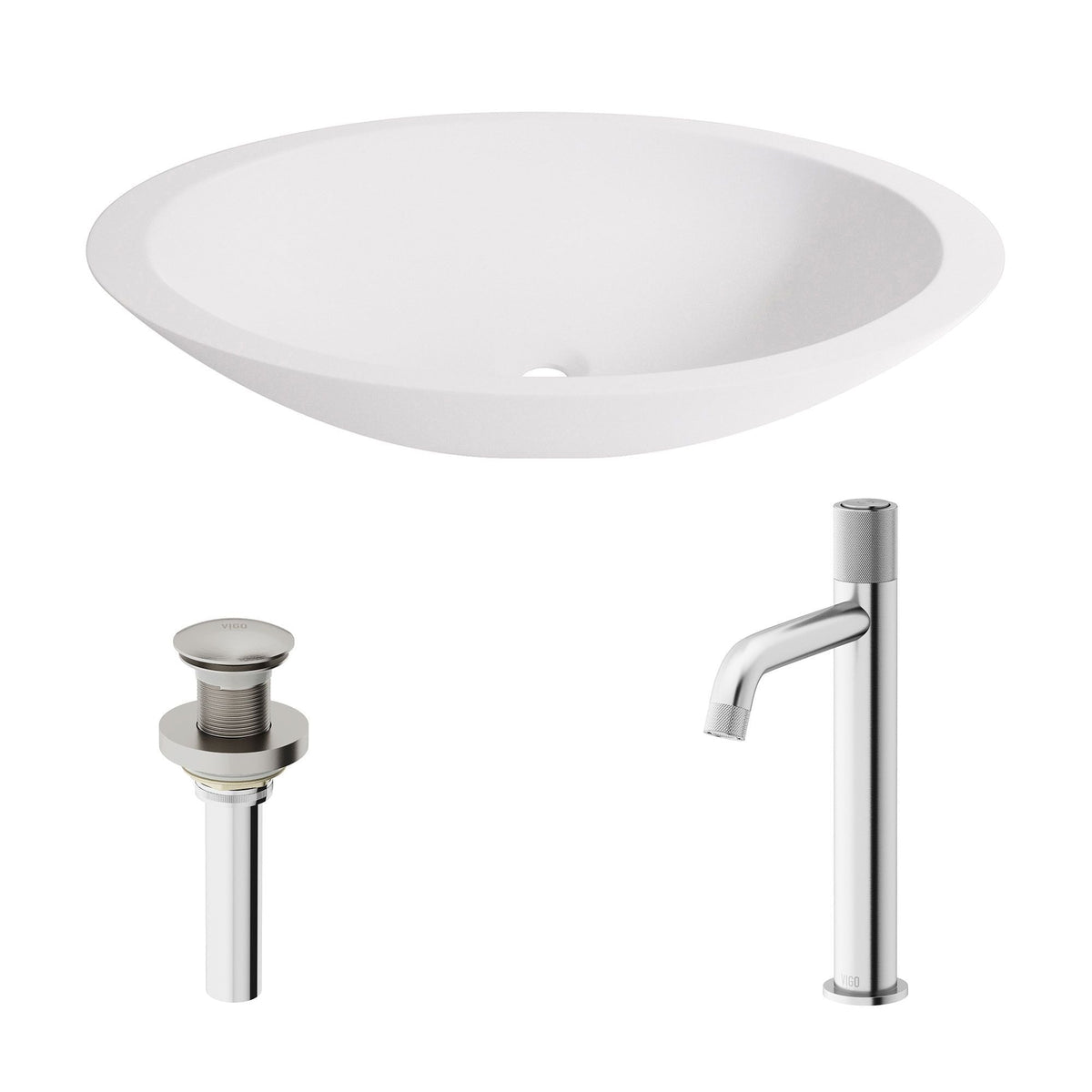 VIGO Wisteria MatteStone White Bathroom Sink/Basin Set with Apollo Faucet and Oval Composite Vessel