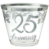 "25th Anniversary" Bordered Trimmed Plastic Reusable Tumbler Cups, Clear/Silver, 9-oz, 30-pk, for Anniversary Party