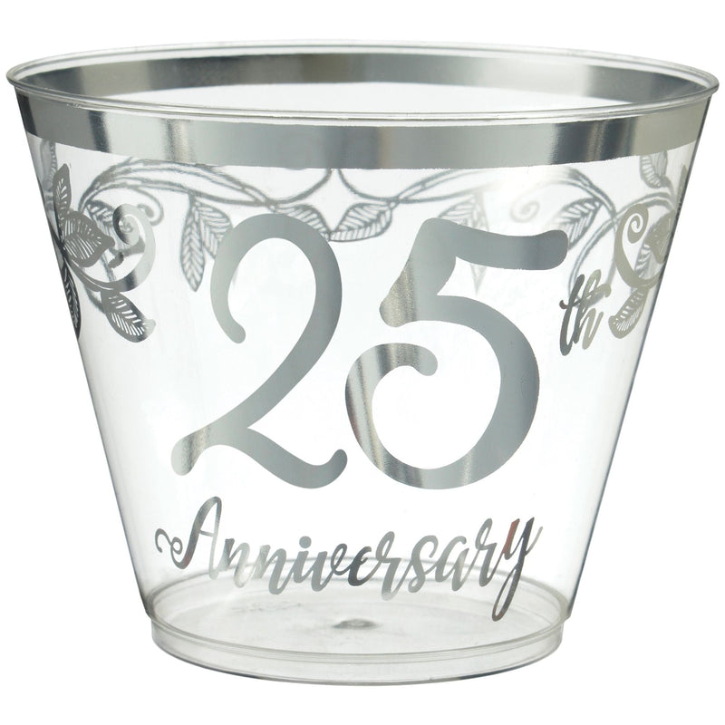 "25th Anniversary" Bordered Trimmed Plastic Reusable Tumbler Cups, Clear/Silver, 9-oz, 30-pk, for Anniversary Party