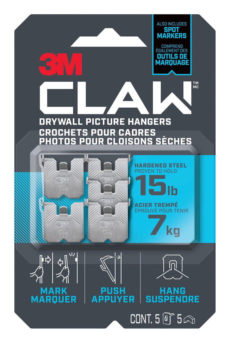 3M Claw DrywAll Picture Hanger, 15-lb Capacity, 5 Hangers per Pack