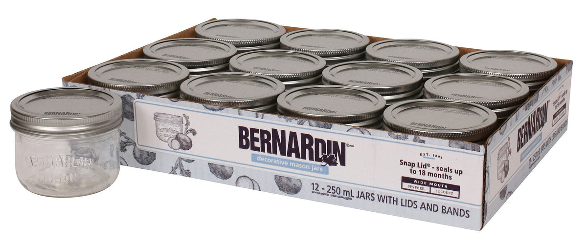 Bernardin Wide Mouth Decorative Glass Mason Jars with Snap Lids and Bands, 250 mL, 12 Count