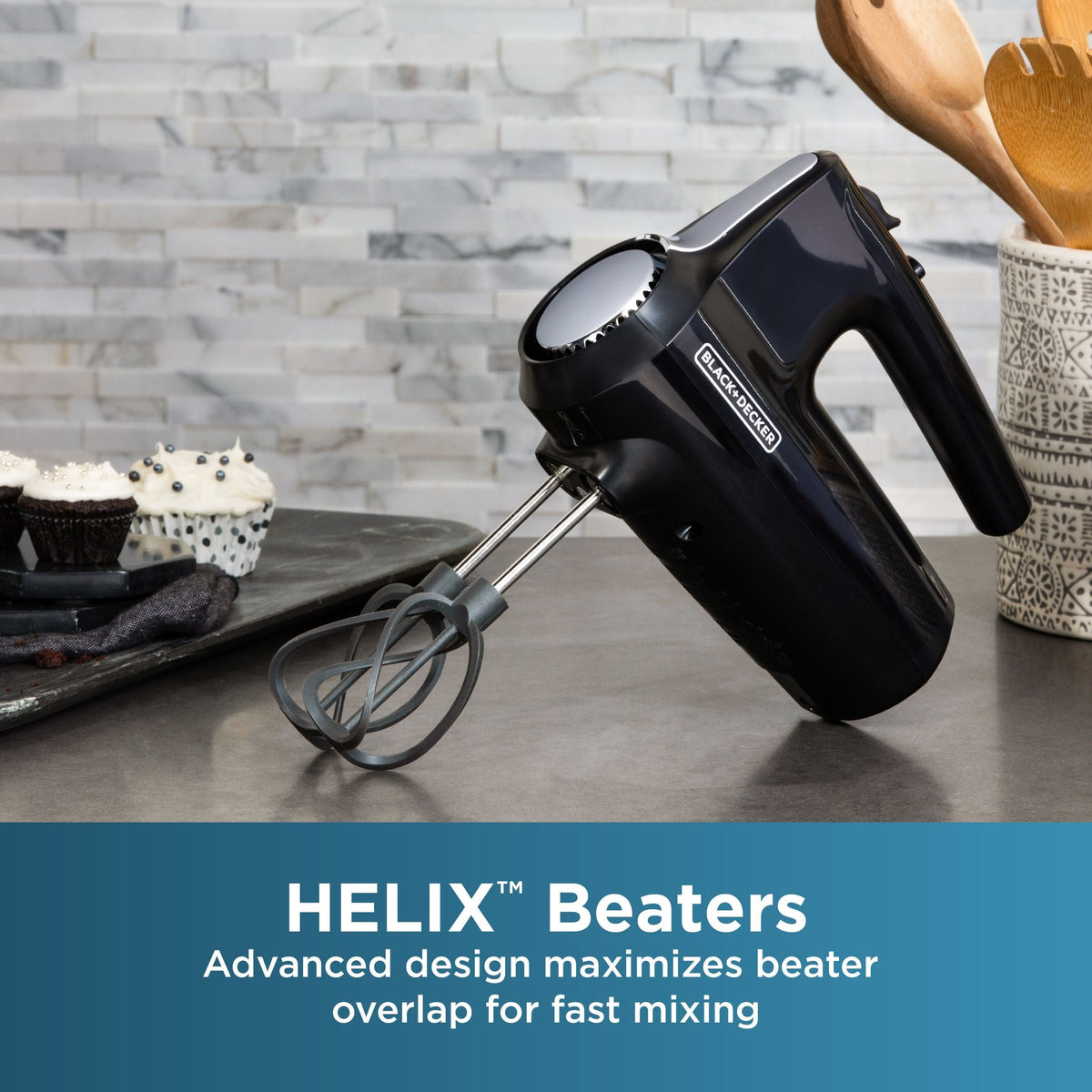 Black & Decker Helix Hand Mixer, Premium Performance 5 Speed Hand Mixer, Includes 5 Attachments and Case, Black