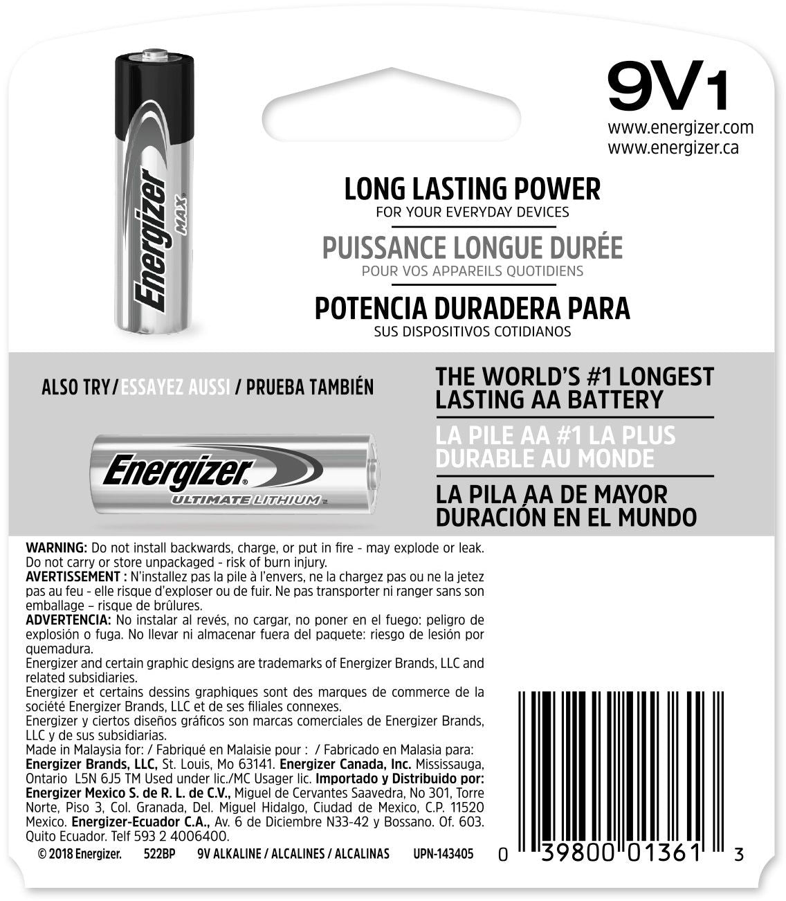 Energizer Max 1-pk 9V / 9 Volt Alkaline Battery, Long Lasting, All Purpose
