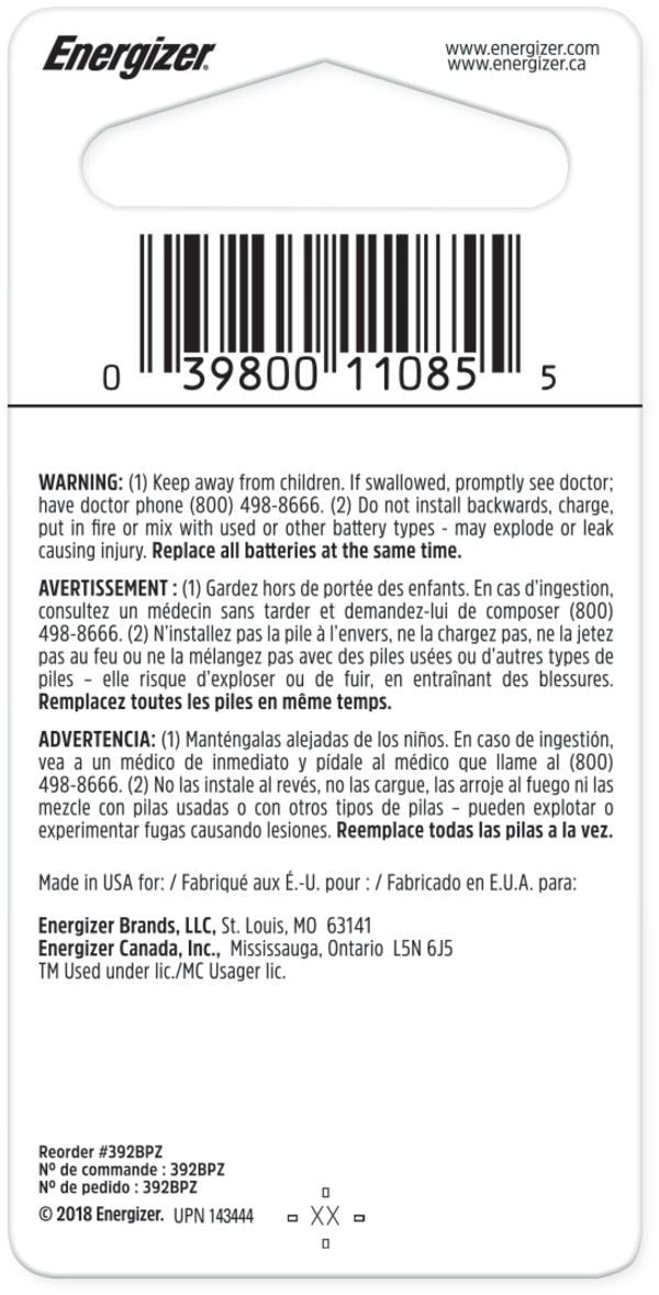 Energizer Silver Oxide 1-pk 392 1.5V / 1.5 Volt Zero Mercury Button CellBattery