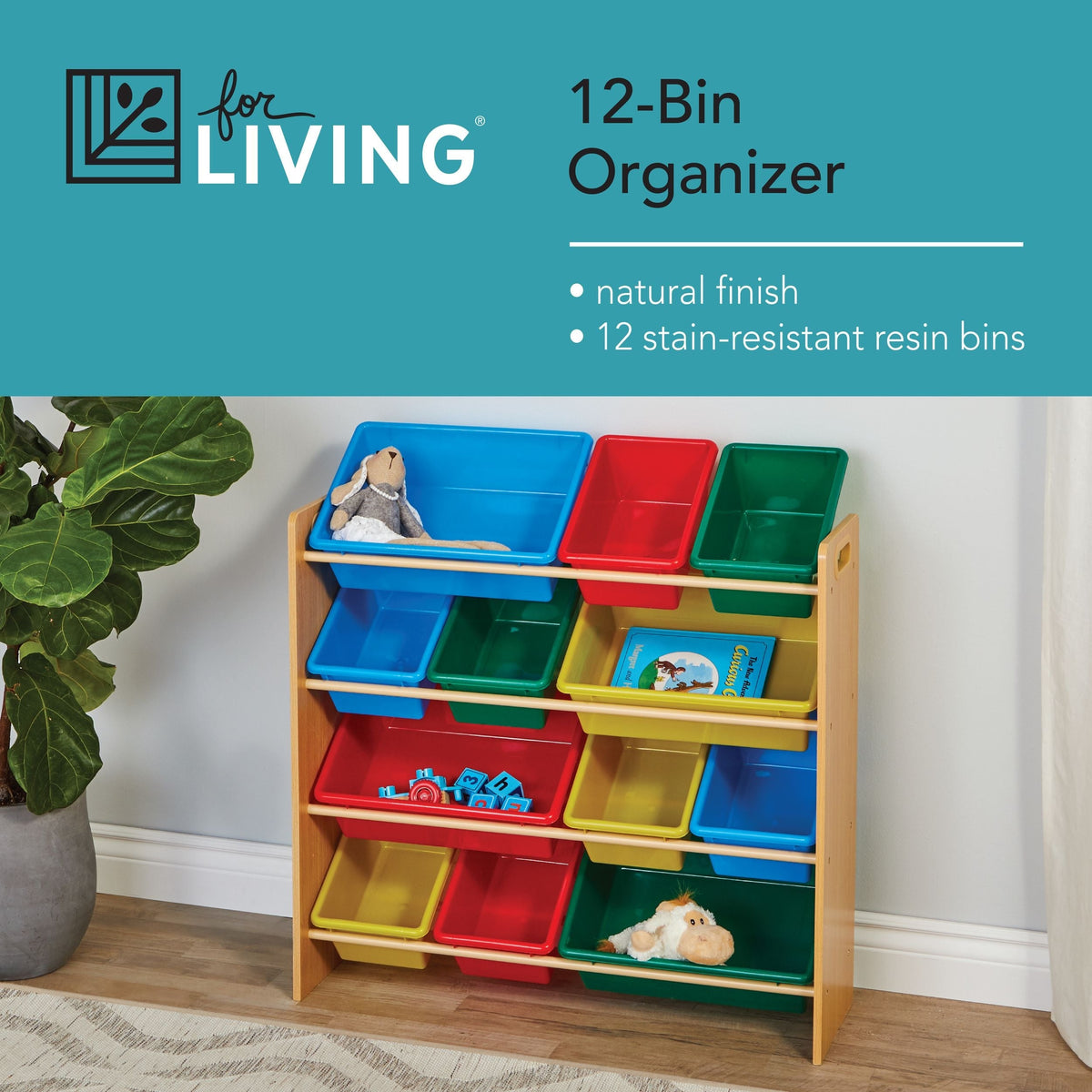For Living Kids 12-Bin Bedroom/Playroom Toy Storage Organizer, Yellow