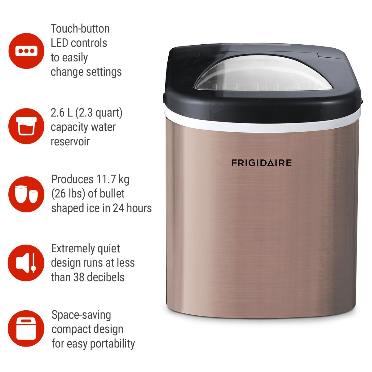 Frigidaire Stainless Steel Bullet Ice Maker, Copper, 2.3-Qt, 26-lb/day