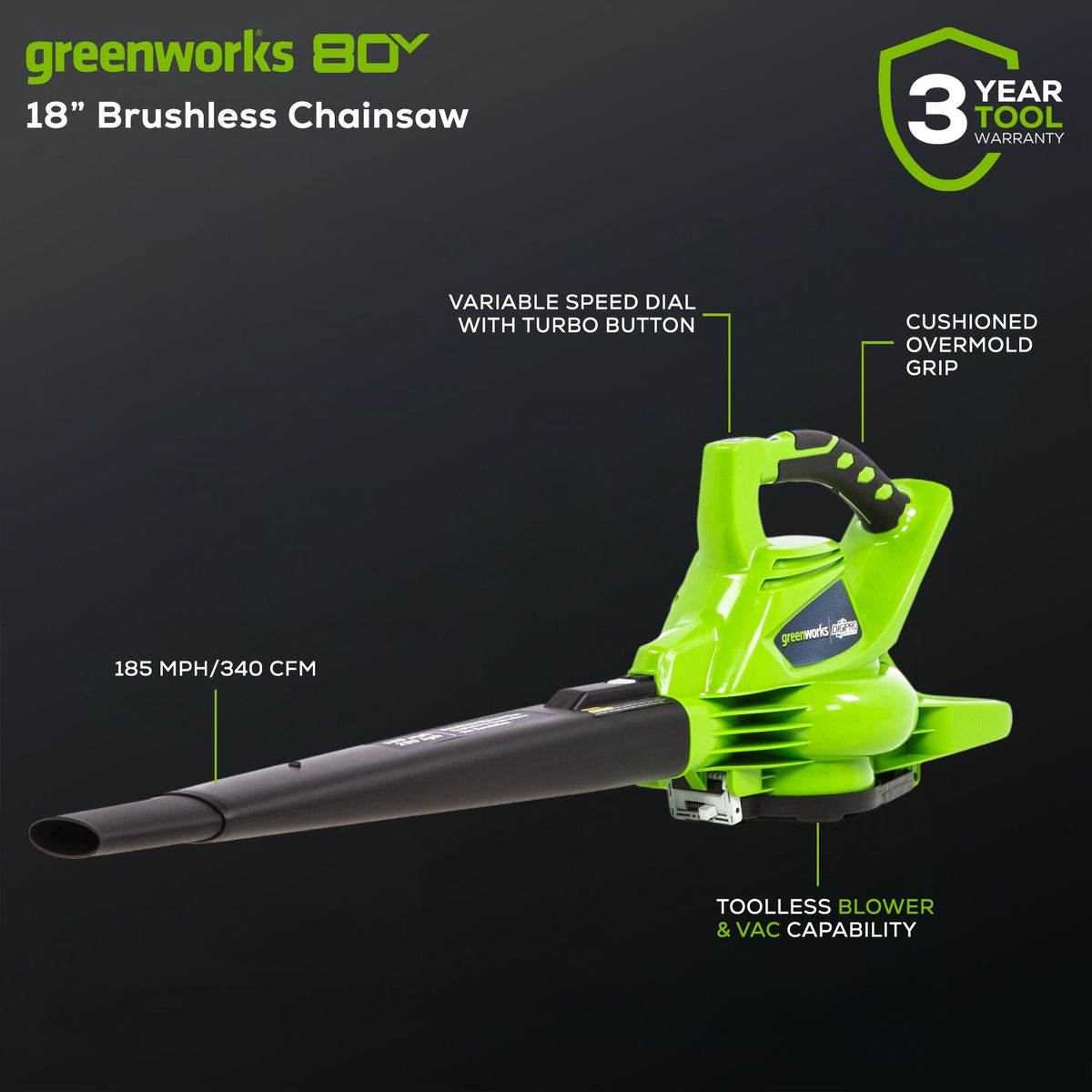 Greenworks DigiPro 40 V/ 340 CFM Cordless Leaf Blower/Vacuum, Bare Tool Only
