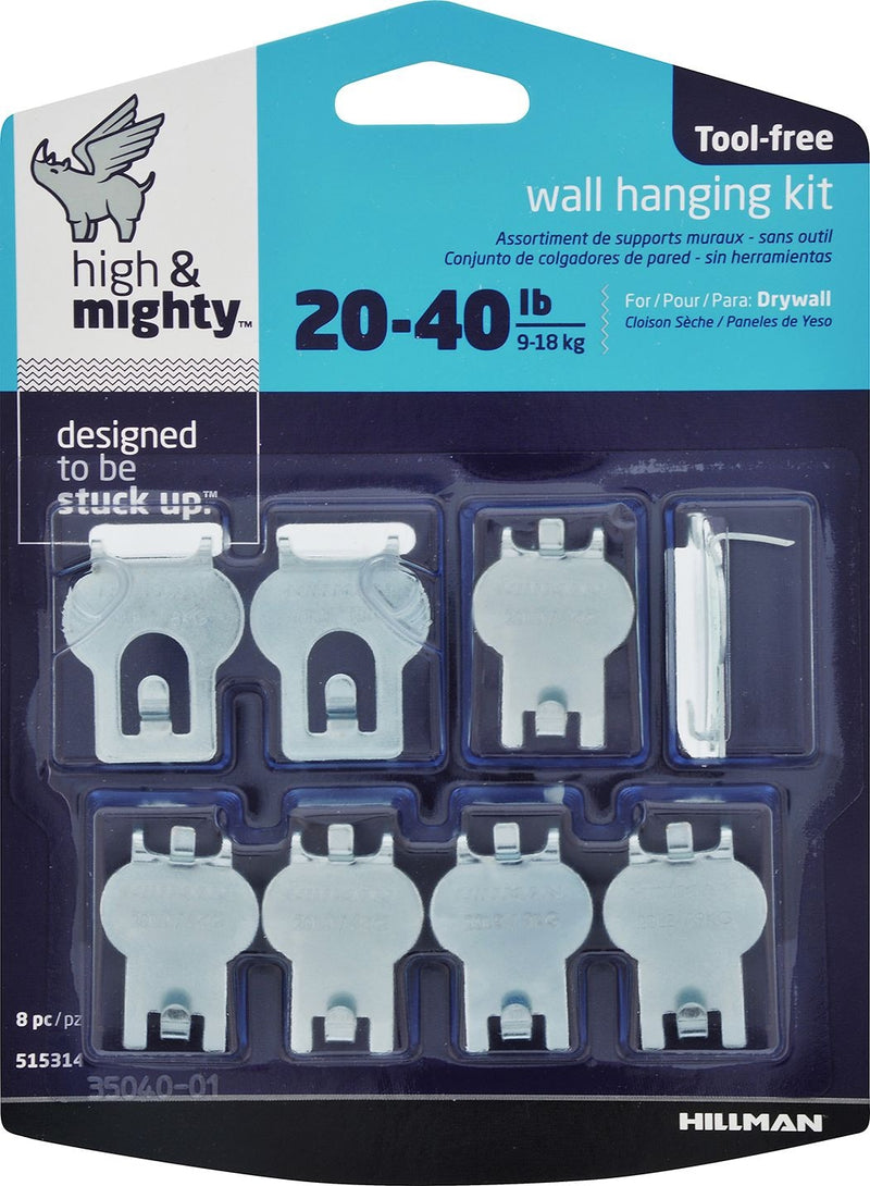 High & Mighty DrywAll Hanger, For Hanging Frames, No Tools Required, 40-lb Capacity, Silver, 8-pk