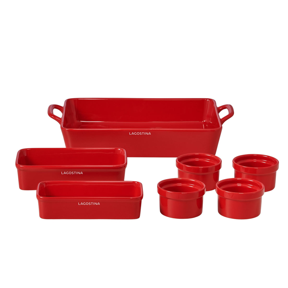 Lagostina Stackable Red Ceramic Bakeware Set with Handles, 7-pc