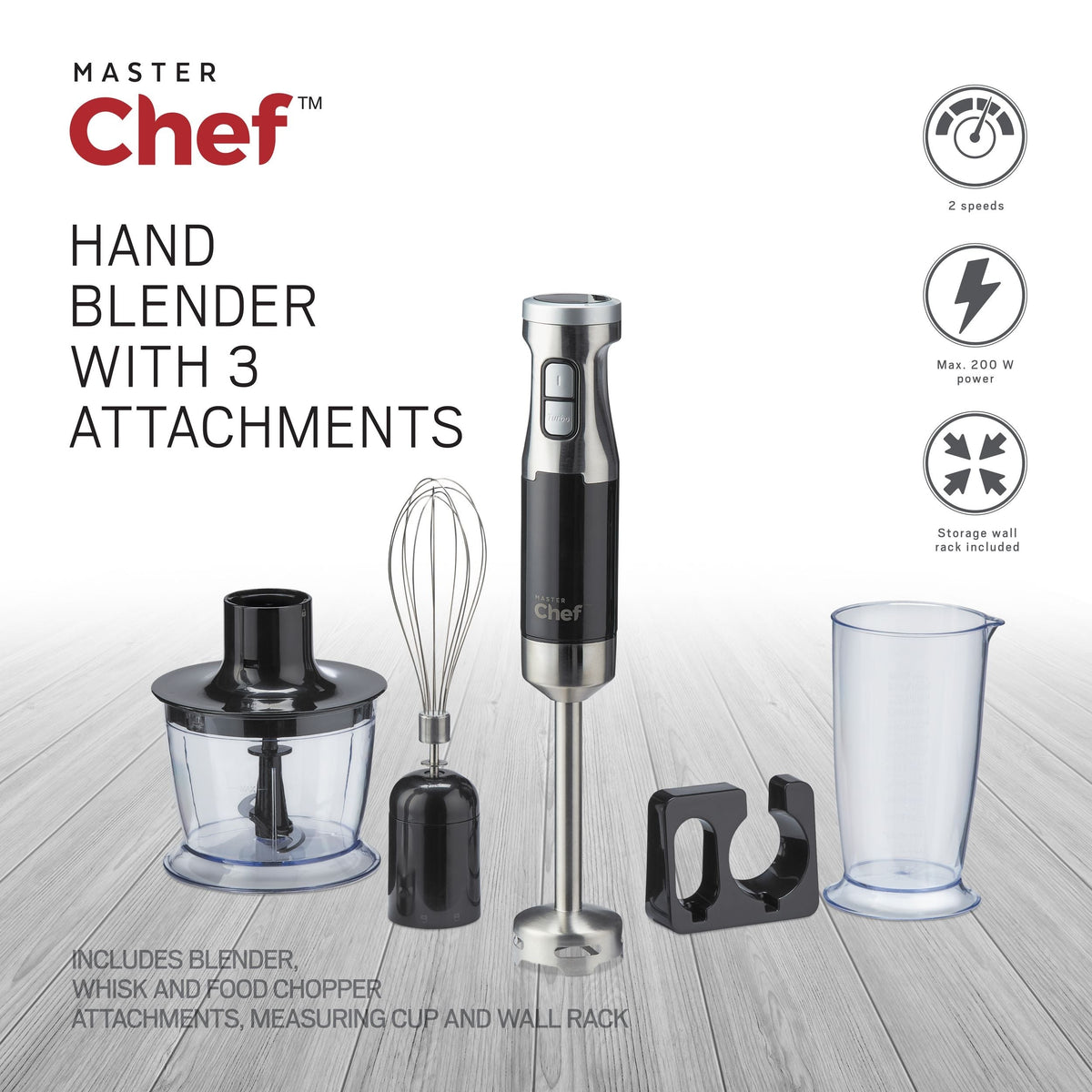 MASTER Chef Corded Hand Blender with Whisk, Stainless Steel, Black